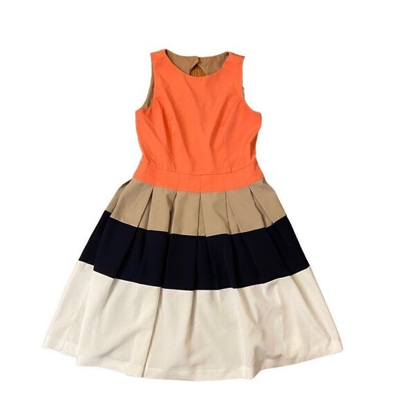 Eliza J Colorblock Fit & Flare Dress Coral White Navy Tan Size 6 - Picture 1 of 5
